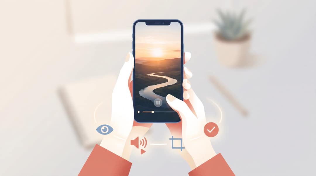 Creator holding a smartphone previewing a vertical photo video before export, final quality check moment