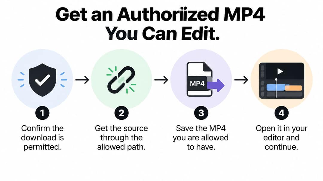 A four-step infographic illustrating how to legally download and edit authorized MP4 video files.