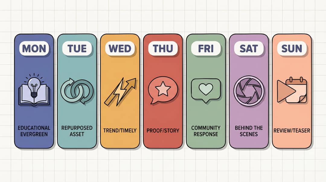 7-day weekly video content mix calendar showing each day's content type, purpose, and role in a balanced creator schedule