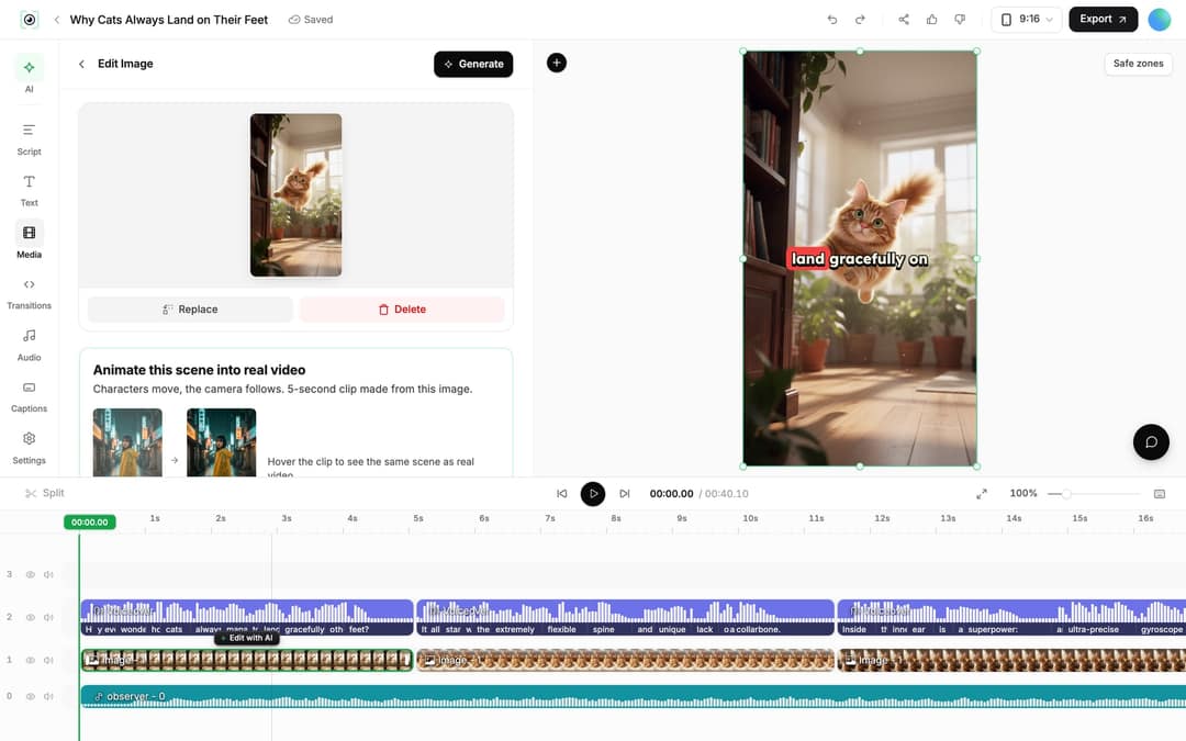 Revid editor with an image clip selected: the Edit Image panel with Replace and Delete buttons