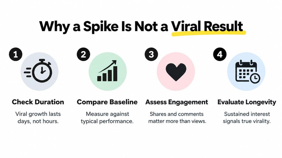 An infographic titled Why a Spike Is Not a Viral Result listing four steps for analysis.