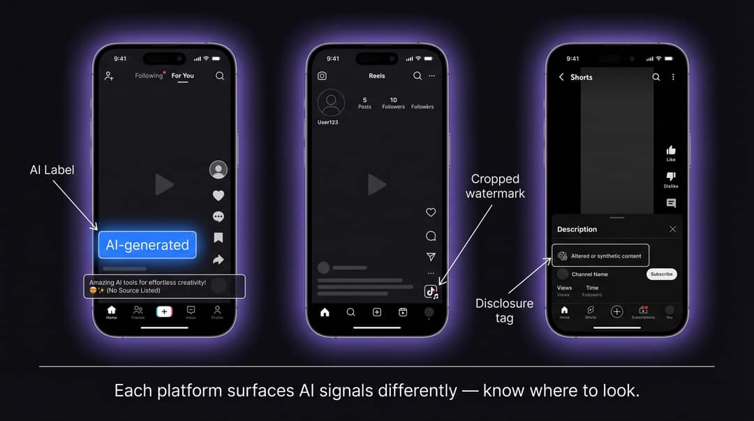 Three phone mockups showing TikTok, Instagram Reels, and YouTube Shorts with AI detection labels annotated on each screen