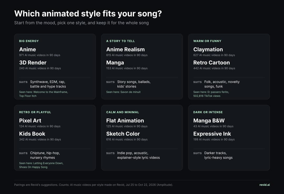 Style chooser with six moods: big energy (Anime, 3D Render), a story to tell (Anime Realism, Manga), warm or funny (Claymation, Retro Cartoon), retro or playful (Pixel Art, Kids Book), calm and minimal (Flat Animation, Sketch Color), dark or intense (Manga B&W, Expressive Ink), each with suited genres and 90-day usage counts