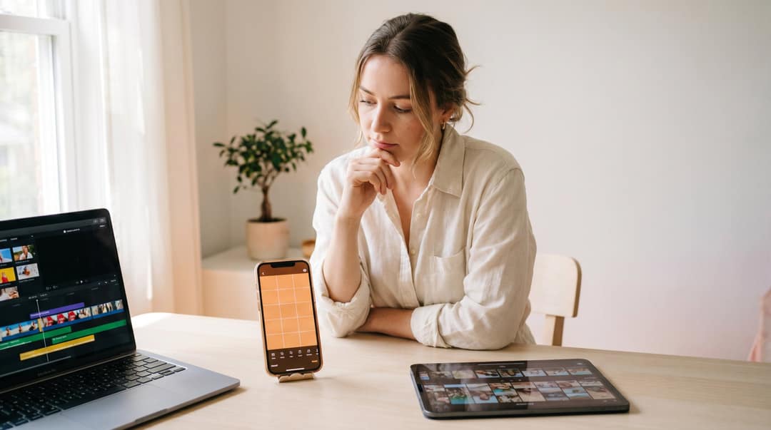 Content creator at a tidy desk with an iPhone, laptop, and tablet open to different photo video editing apps, choosing the right tool