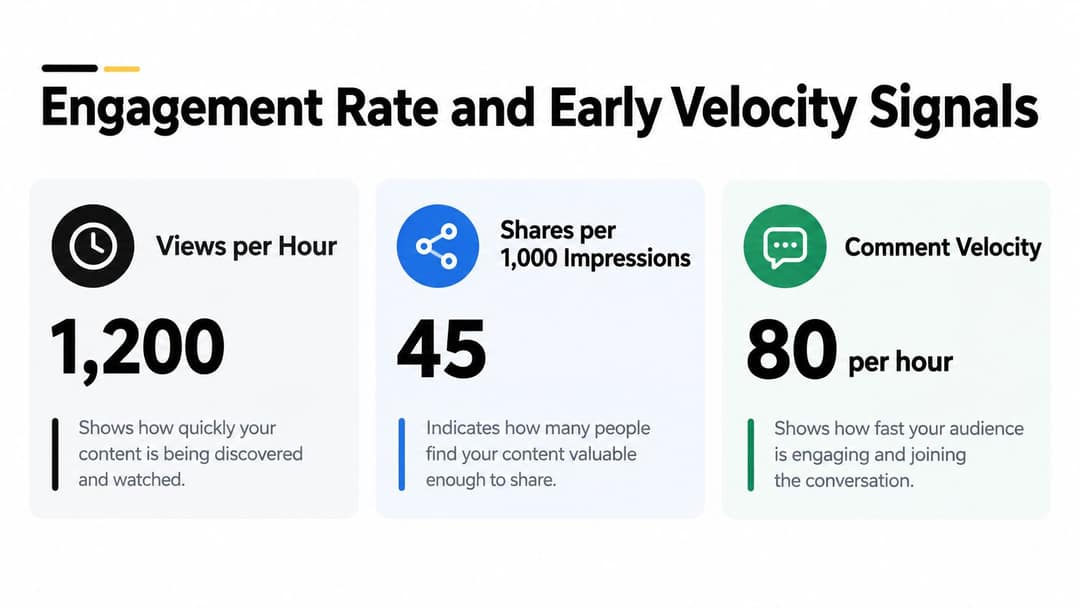 An infographic detailing Engagement Rate and Early Velocity Signals including views, shares, and comment velocity metrics.