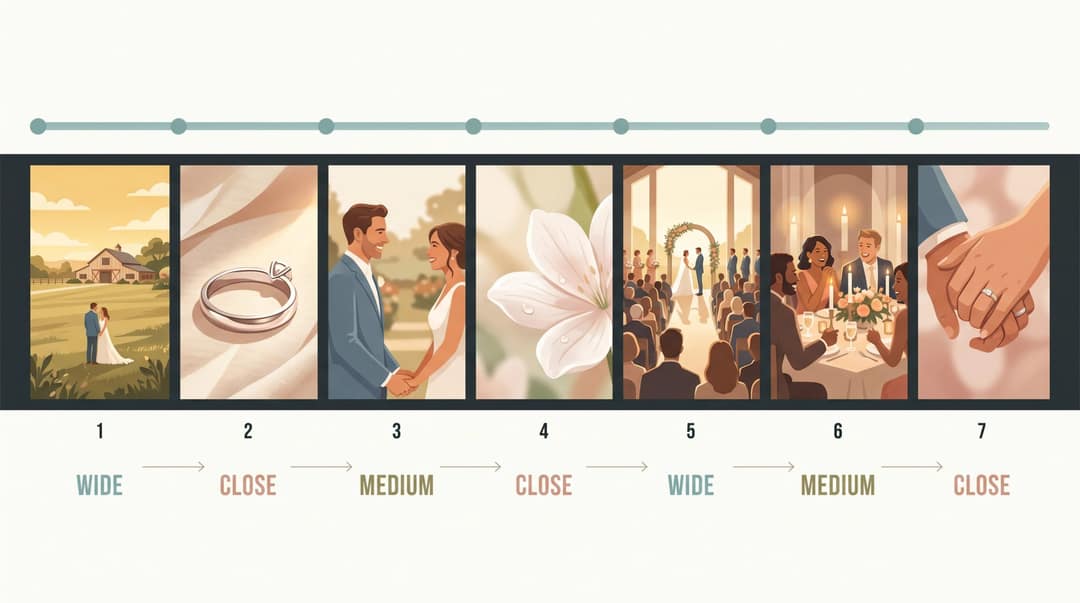 Editorial illustration of a professional photo video storyboard showing alternating wide, medium, and close-up shots in a timeline strip