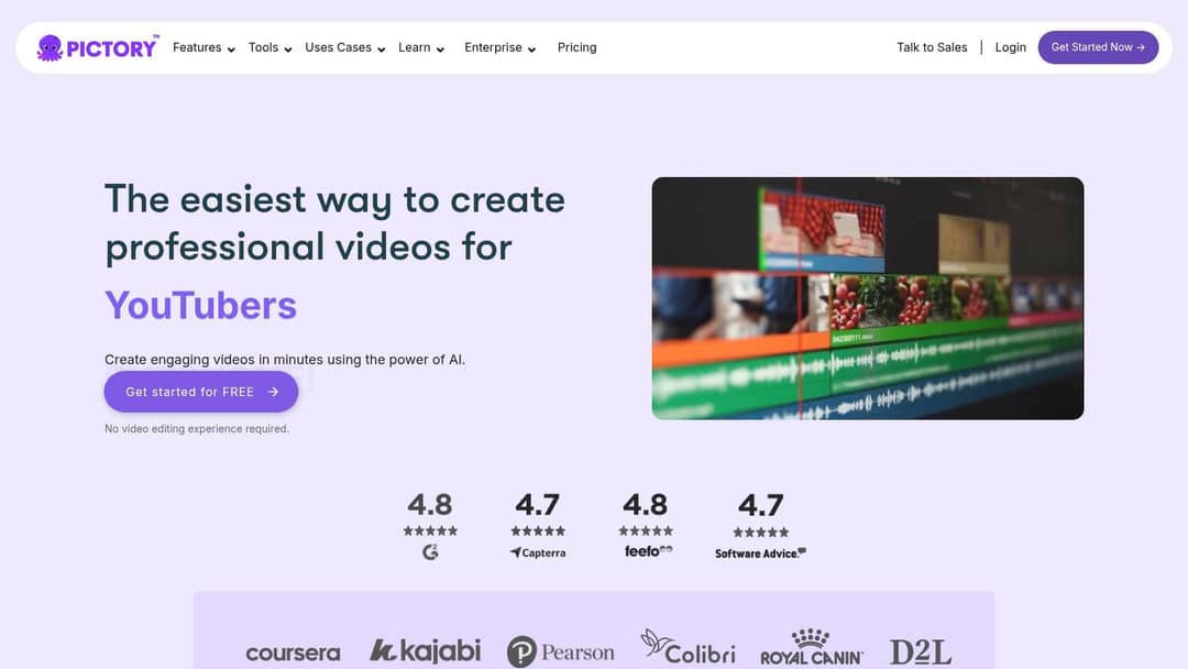 Pictory homepage pitching professional video creation for YouTubers