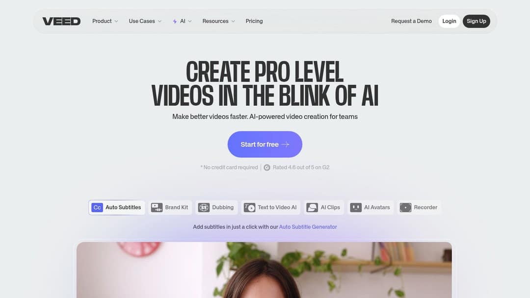 VEED homepage listing auto subtitles, brand kit, dubbing, text to video and AI avatars