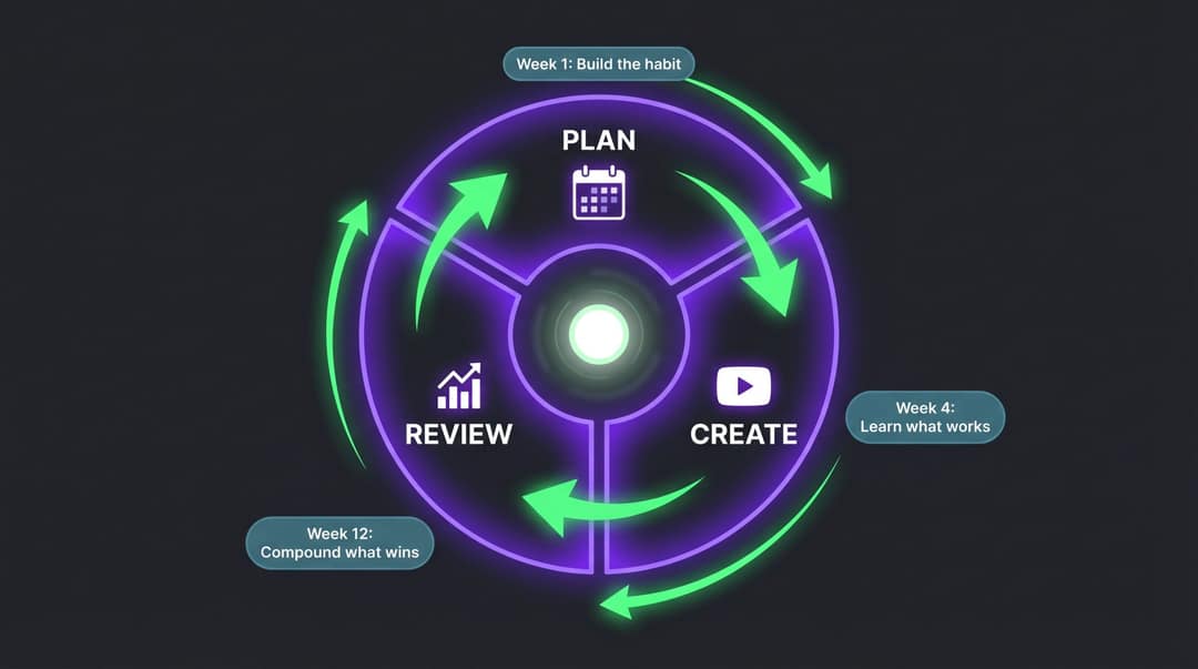 A circular content calendar flywheel diagram showing Plan, Create, and Review phases that compound over time for video creators
