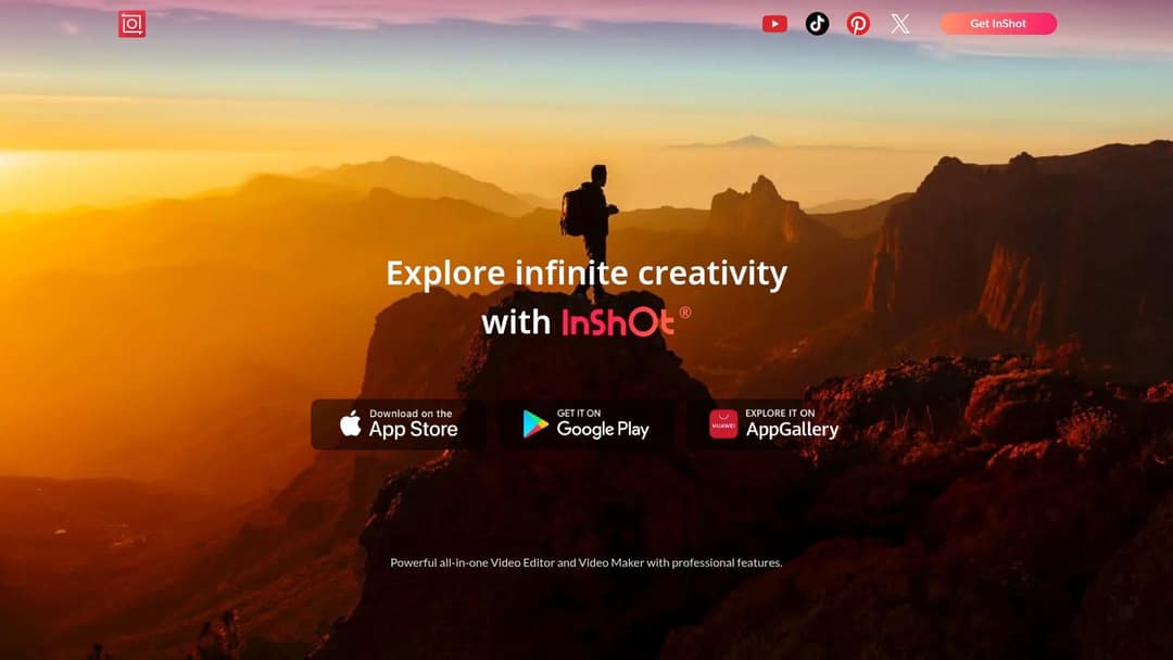InShot website with App Store, Google Play and AppGallery download buttons