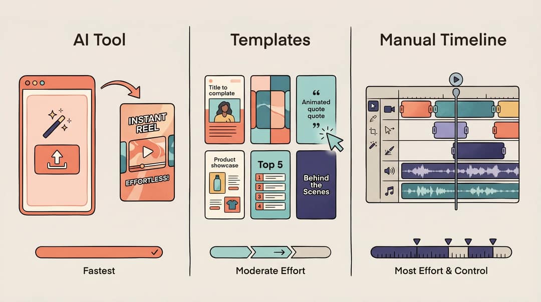 Three video editing paths illustrated side by side: AI tool (fast, automatic), template editor (designed, guided), and manual timeline (full control)