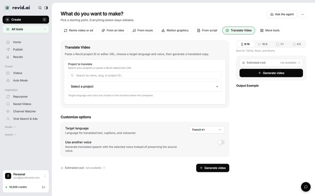 Revid Translate Video tool with Project to translate, Target language, Use another voice and Estimated cost