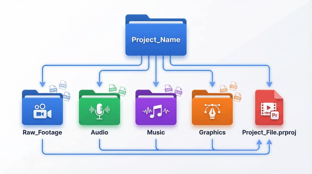 Project folder diagram with Raw_Footage, Audio, Music, Graphics subfolders and the editor project file