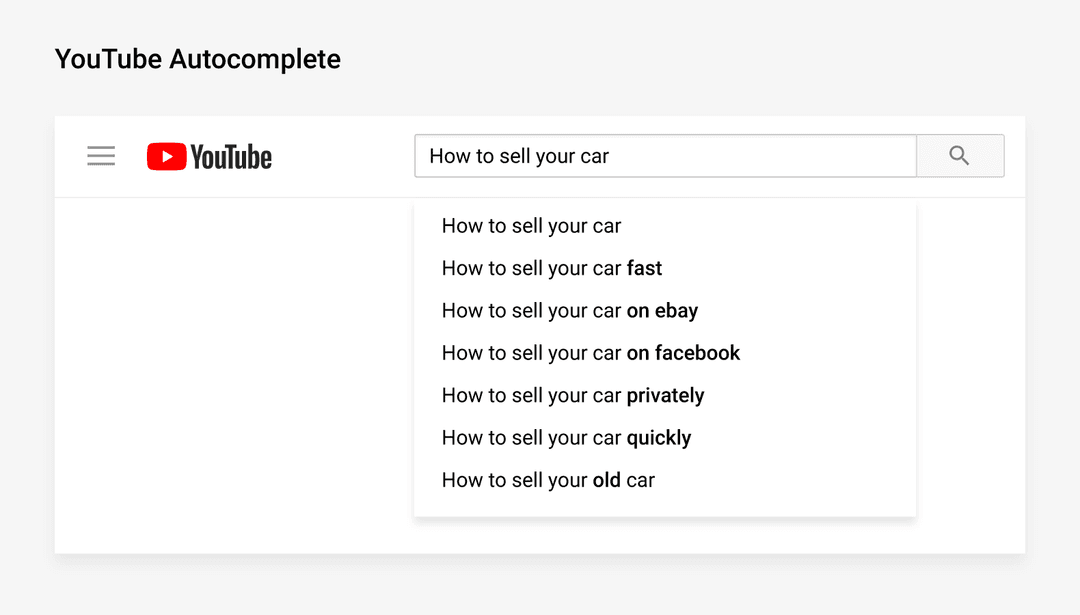YouTube search bar showing autocomplete suggestions for the query how to sell your car