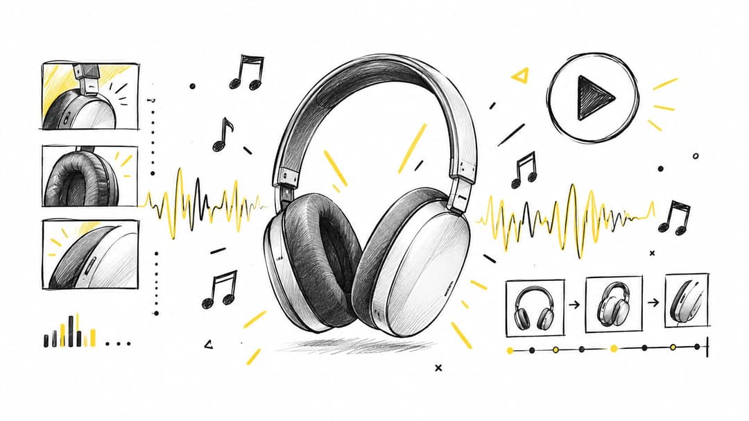 A pencil sketch of headphones surrounded by musical notes, sound waves, and UI playback icons