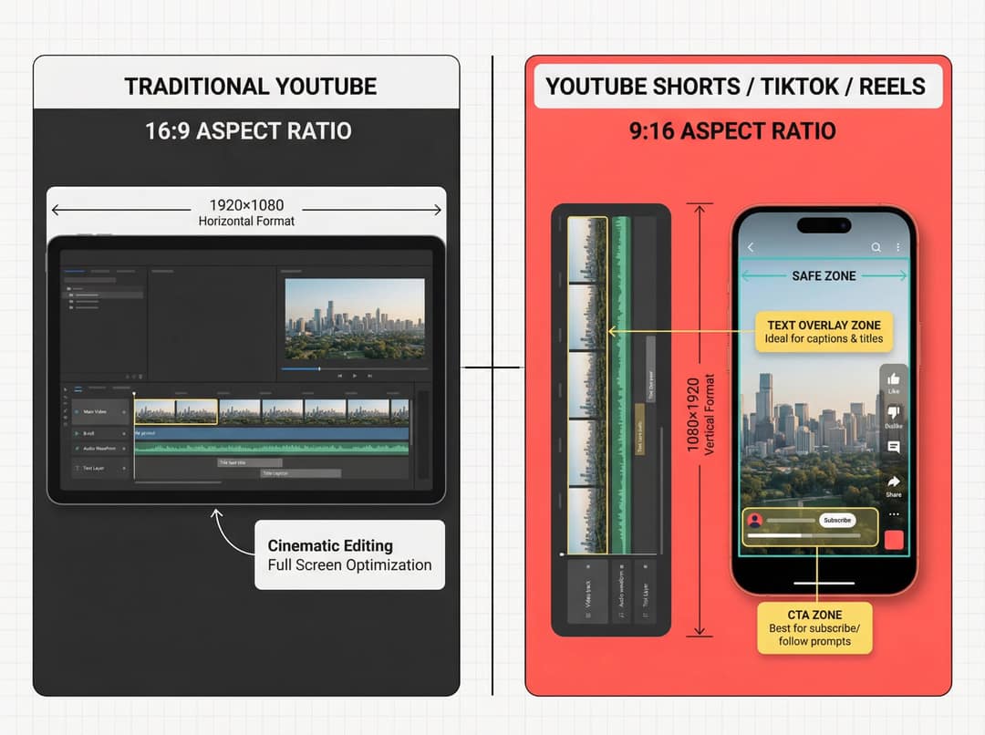 16:9 horizontal YouTube editing compared with a 9:16 vertical Shorts frame showing safe zones for text and calls to action