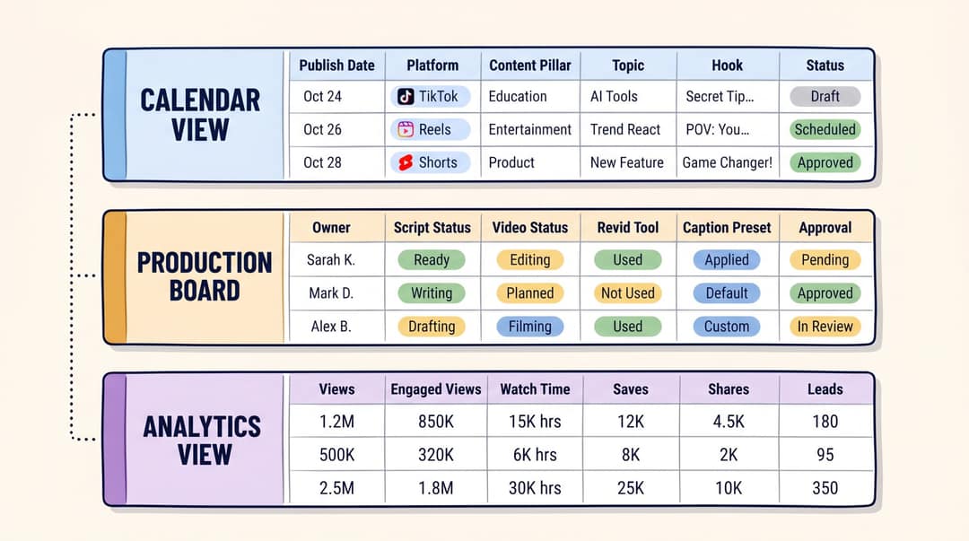 Video content calendar template showing three views: calendar scheduling, production board, and analytics tracking