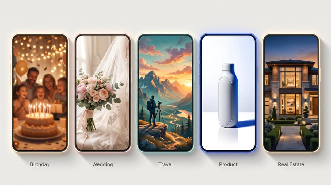 Five photo video workflow examples side by side: birthday, wedding, travel, product promo, and real estate listing videos