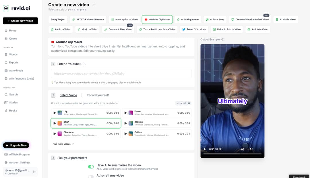 Revid AI “YouTube Clip Maker” tool screenshot