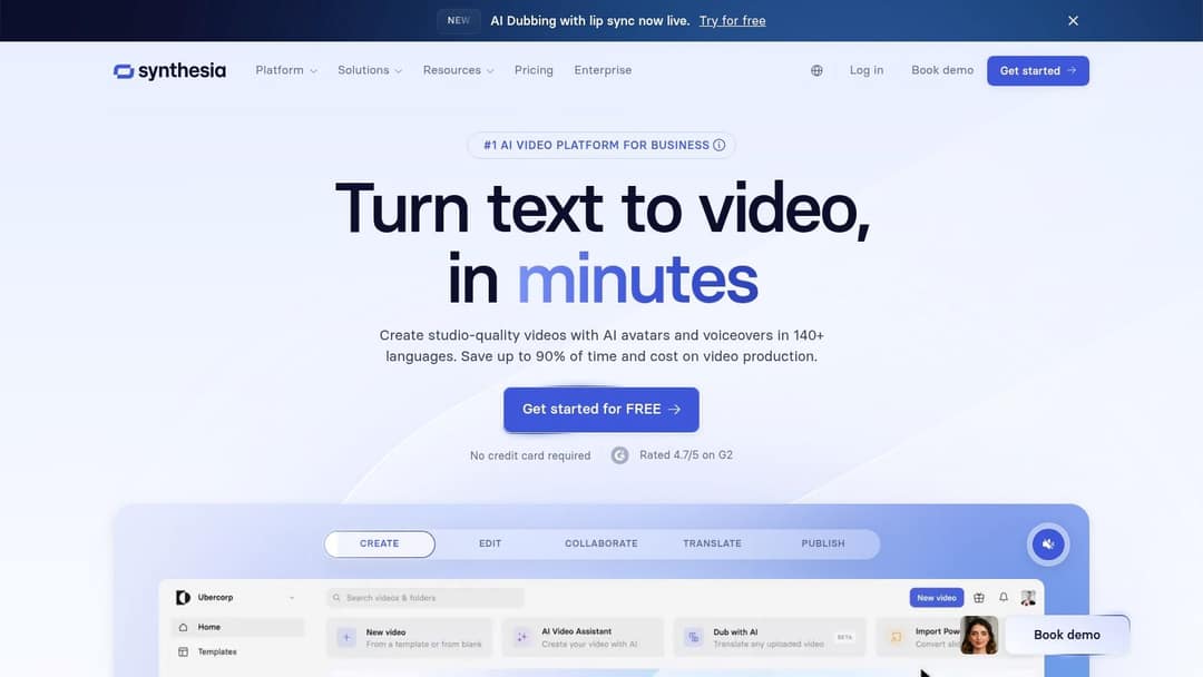 Synthesia homepage promoting text to video with AI avatars