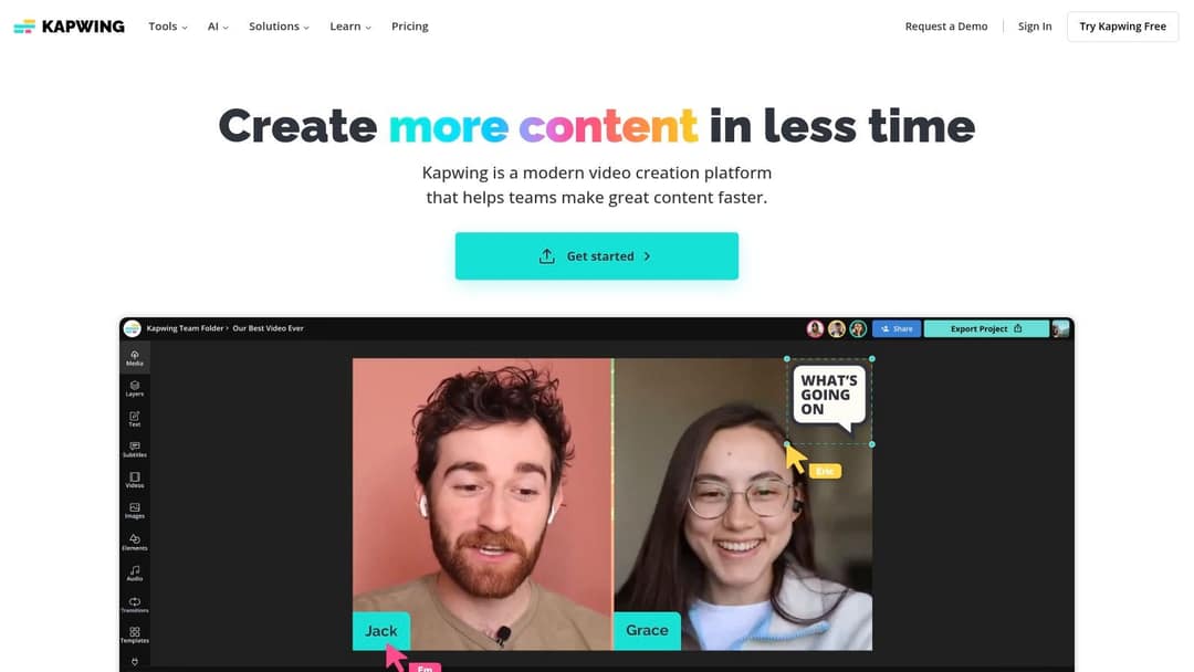 Kapwing editor showing a two-person video with name labels and a speech bubble
