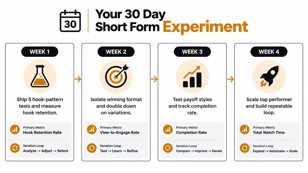 Four-week short-form plan: hook tests, winning format, payoff styles, then scaling, each with a primary metric
