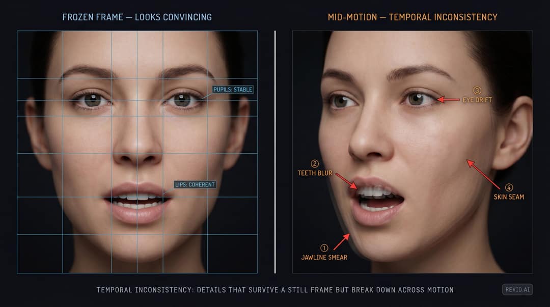Forensic split-panel: clean AI face frozen frame vs mid-motion glitch with jawline smear, blurred teeth, eye misalignment