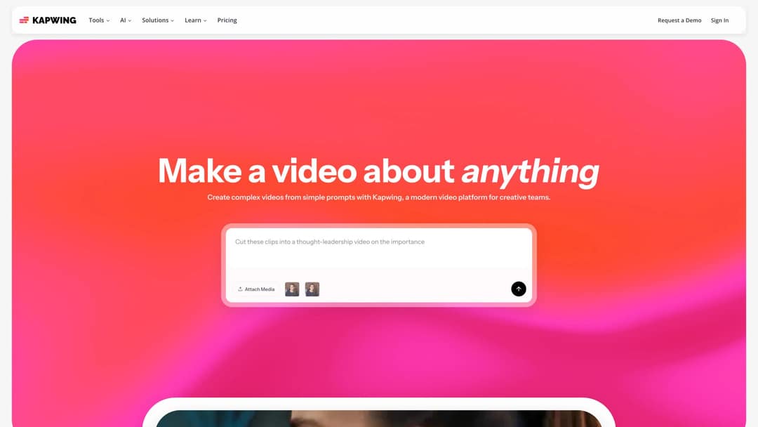 Kapwing homepage with a prompt box reading Make a video about anything