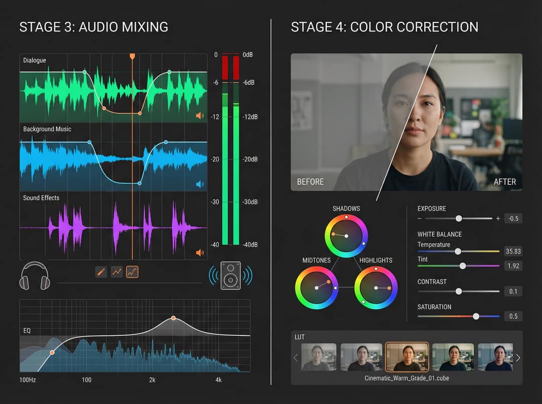 Editor panels showing dialogue, music and effects tracks with meters, next to color wheels and a before-after face