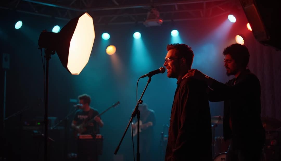 Singer at a microphone lit by a softbox key light, with colored stage lights behind the band