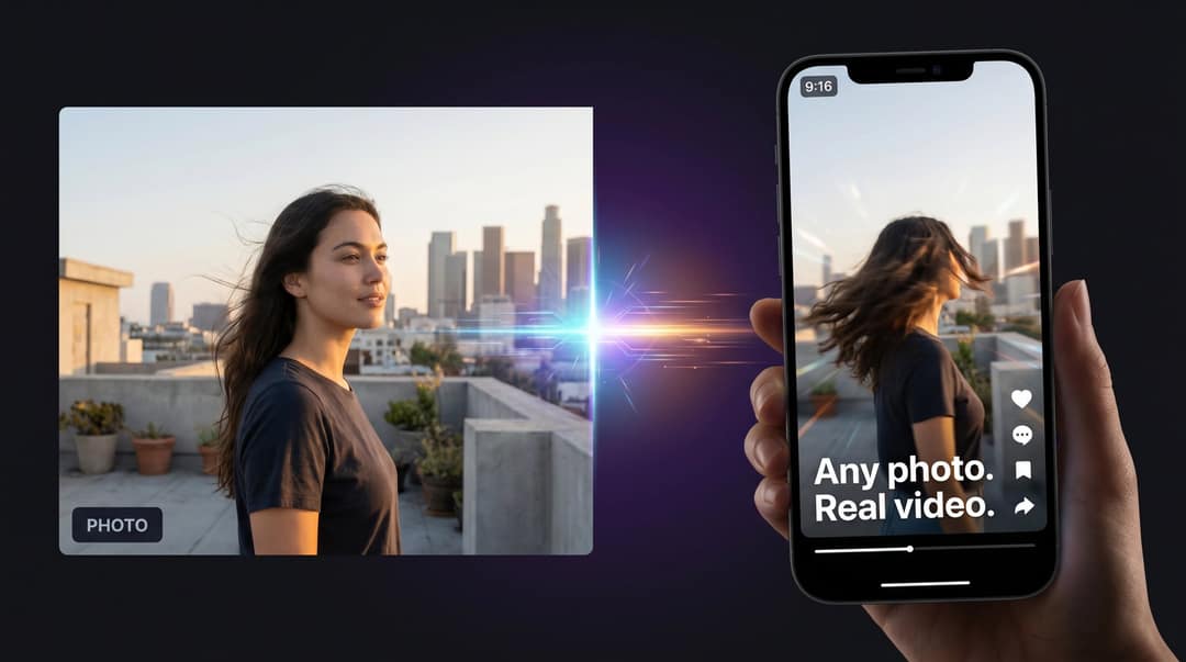 Rooftop portrait photo turning into a vertical AI video playing on a smartphone