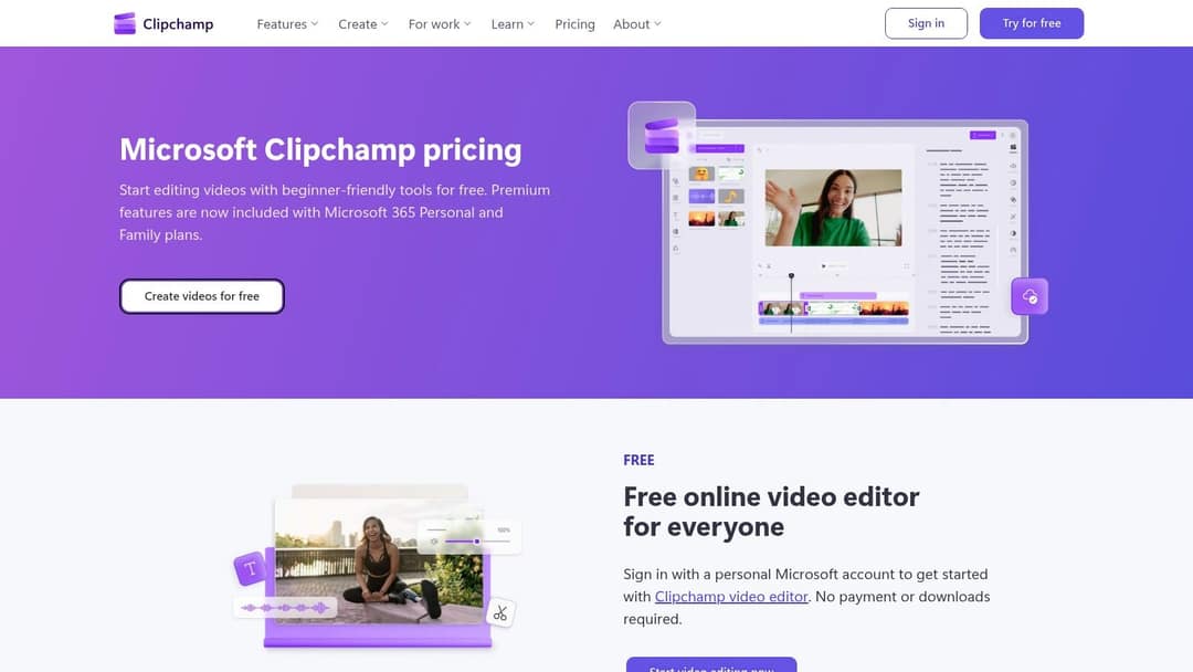 Microsoft Clipchamp pricing page showing the free online video editor for everyone