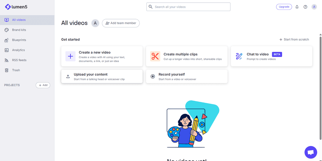Lumen5 dashboard with options to create a new video, create multiple clips, chat to video, upload content and record yourself