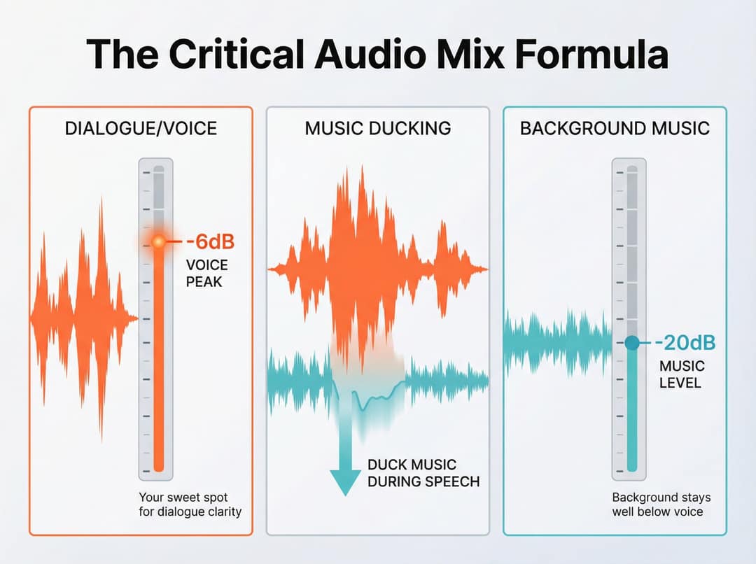 Audio mix diagram: voice peaking at -6 dB, music ducked during speech, background music at -20 dB