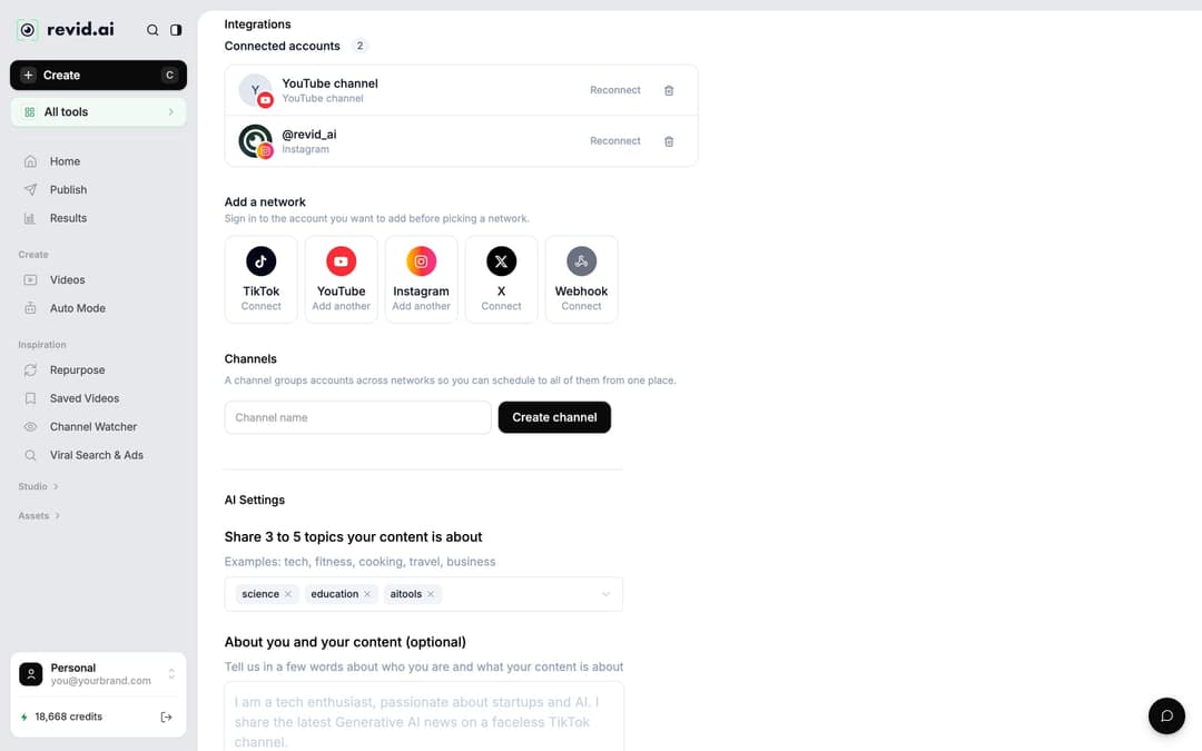 Revid Settings, Integrations section: connected accounts and Add a network with TikTok, YouTube, Instagram, X and Webhook