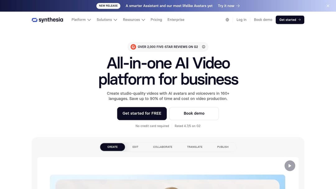 Synthesia homepage with the headline All-in-one AI Video platform for business