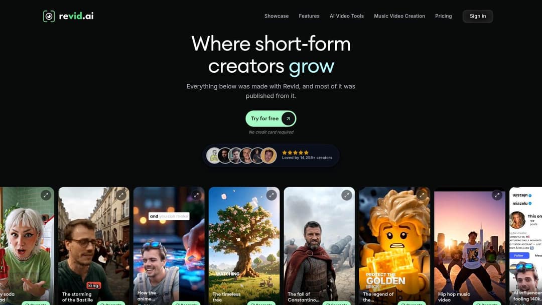 Revid homepage with a row of short-form videos made with the platform