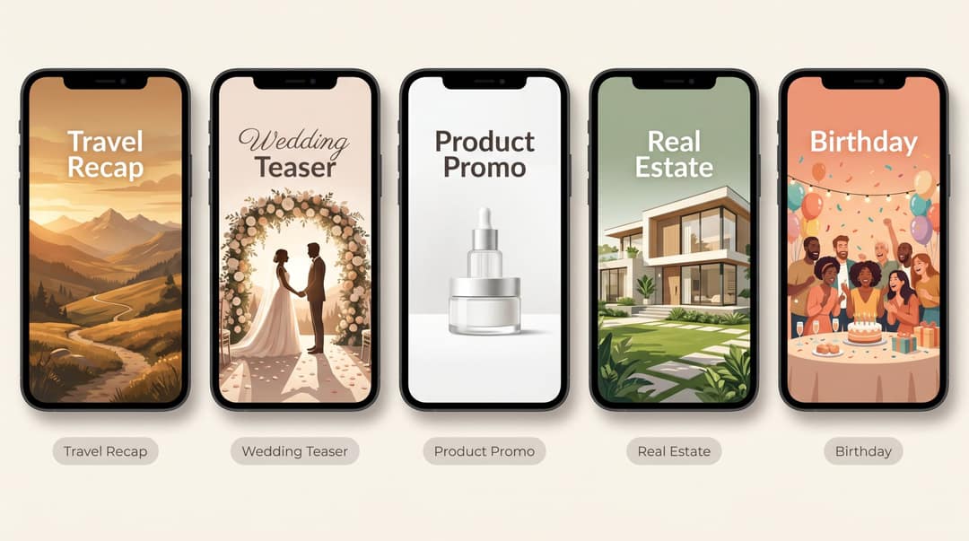 Five vertical phone frames showing travel, wedding, product, real estate, and birthday photo video styles side by side