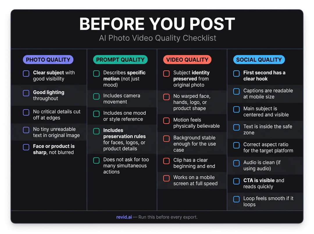 Pre-post checklist for AI photo videos covering photo, prompt, video and social quality