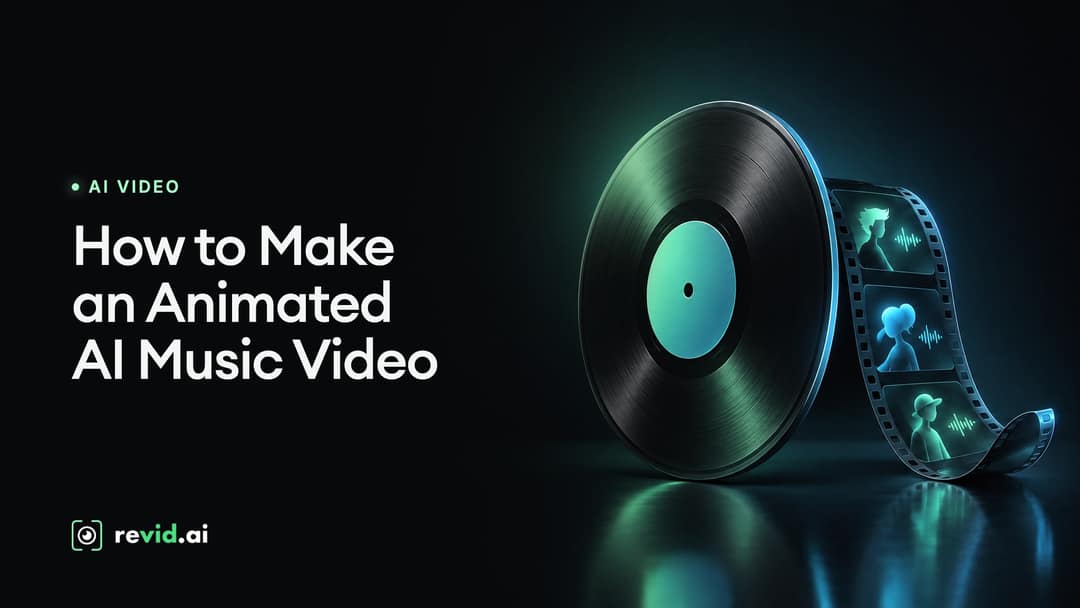 How to Make an Animated AI Music Video: A vinyl record with a curling film strip of animated character frames and a floating sound wave