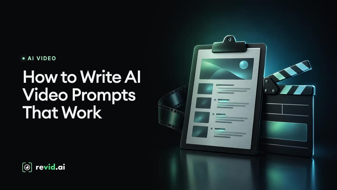 How to Write AI Video Prompts That Work: A clipboard with a lined brief sheet, a clapperboard beside it, and a film strip curling out from behind