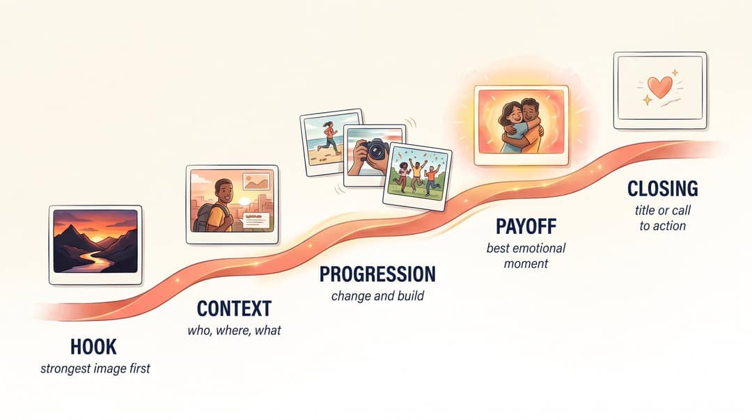 Five-stage photo video story arc from Hook to Closing, shown as an ascending editorial illustration with photo frames at each stage