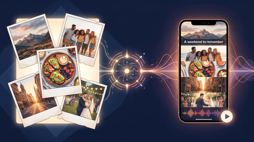 Split editorial illustration showing scattered photos transforming into a polished vertical social media video with music waveforms
