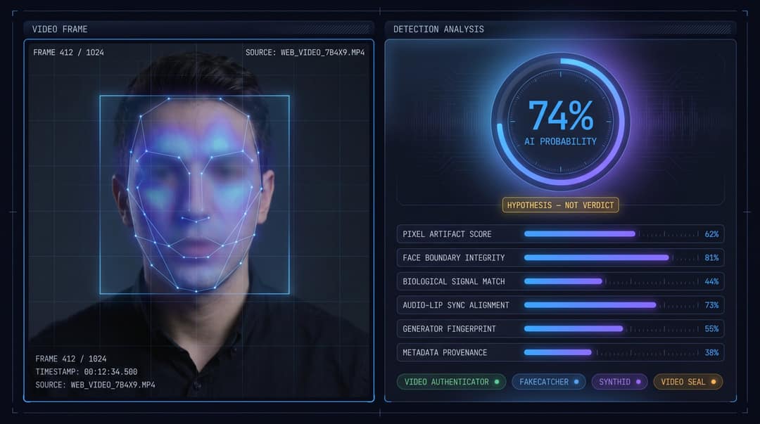AI video detector dashboard UI mockup showing probability scores and detection signals, not a binary verdict
