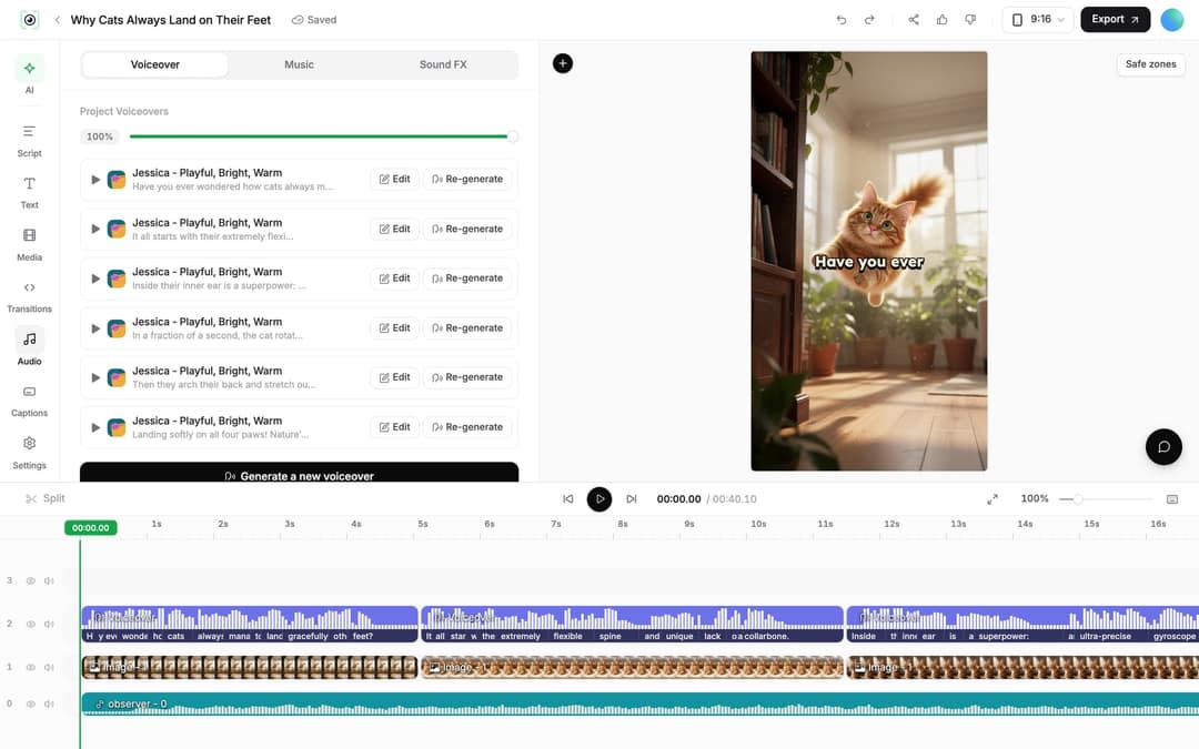 Revid editor Audio panel, Voiceover tab, with Edit and Re-generate on each project voiceover