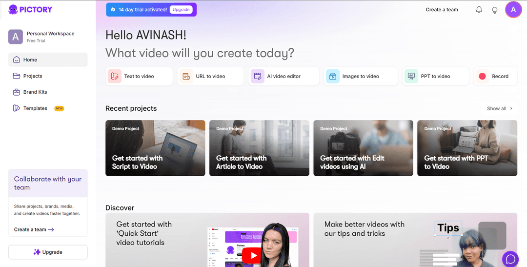 Pictory home screen with options for text to video, URL to video, AI video editor, images to video, PPT to video and record