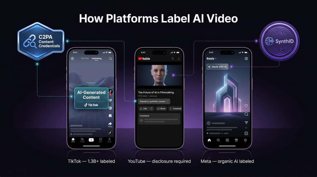 Three phone screens showing AI content labels on TikTok, YouTube, and Instagram, with C2PA and SynthID badge overlays