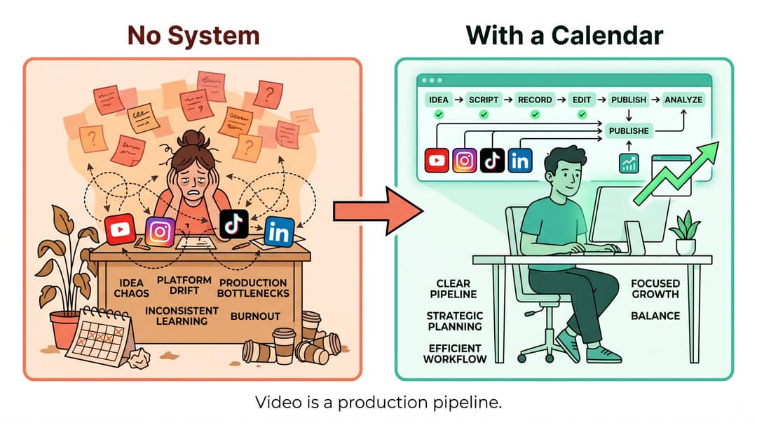 Editorial illustration contrasting chaotic video creator workflow with a clean, systematic production pipeline calendar