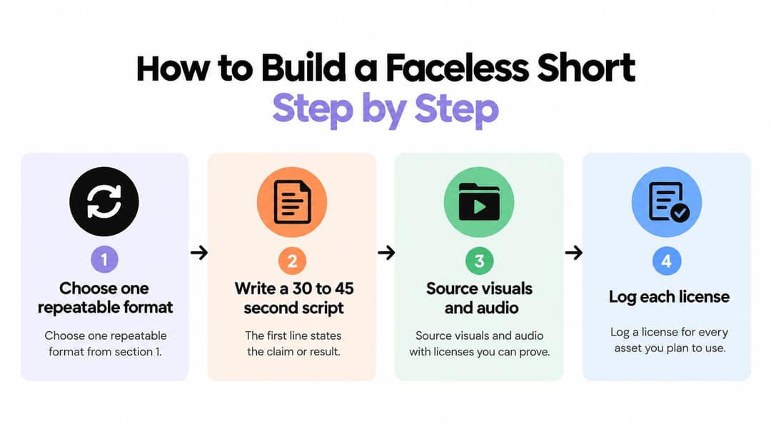 A four-step infographic explaining how to create a faceless YouTube short video in a sequential process.