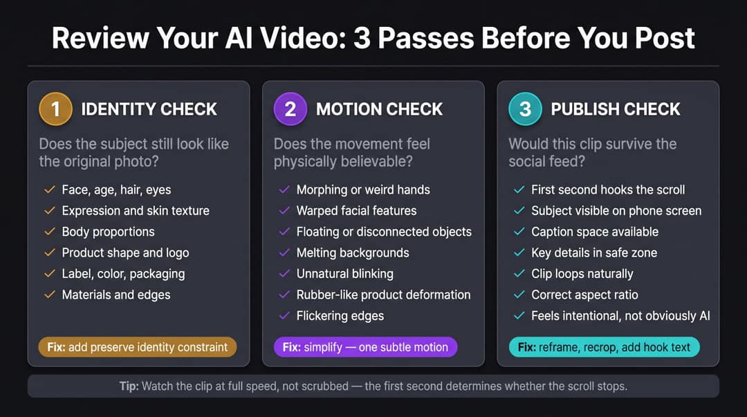 Three review passes for an AI video: identity check, motion check and publish check